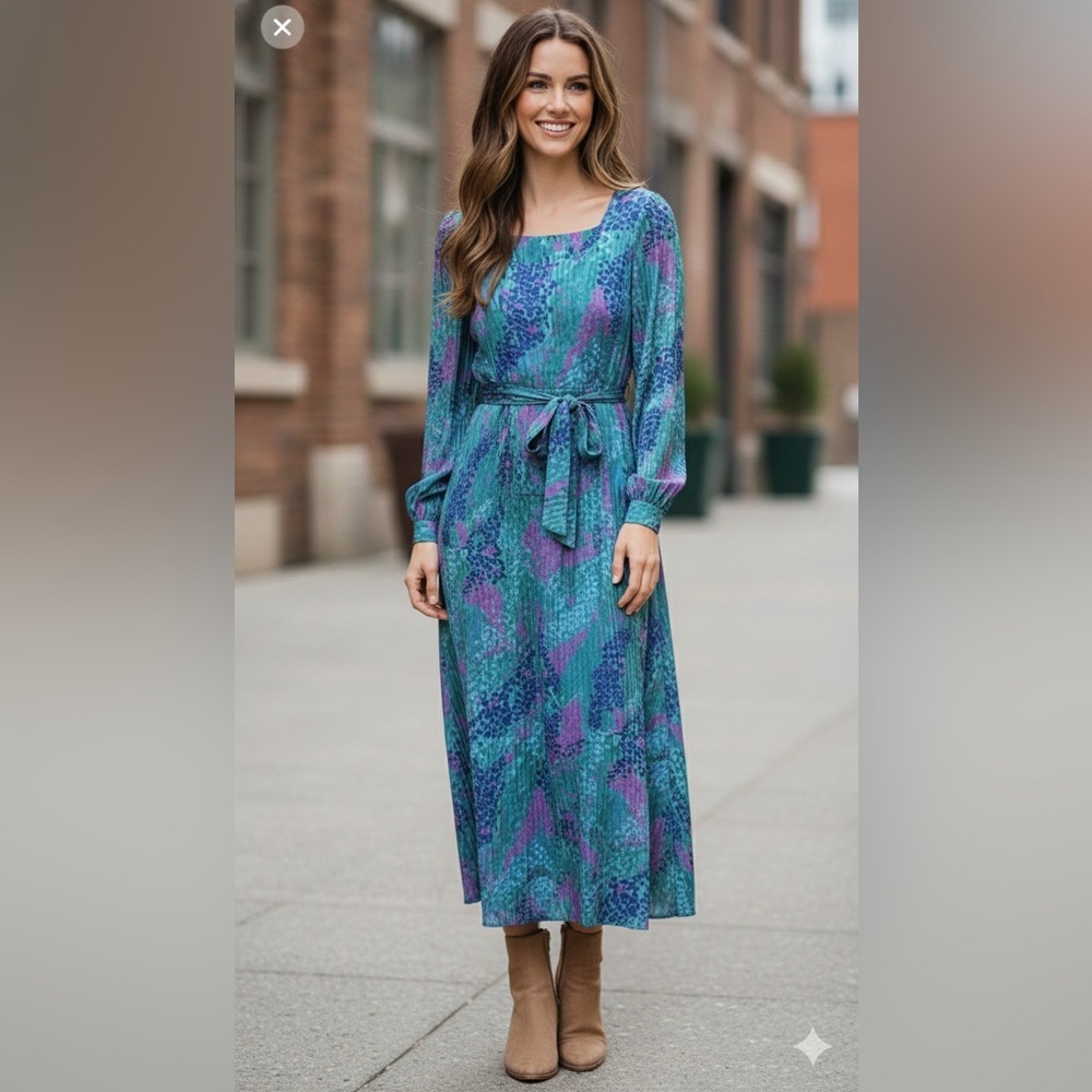 Vintage nat kaplain cout long sleeve 100% green, blue and purple silk maxi dress